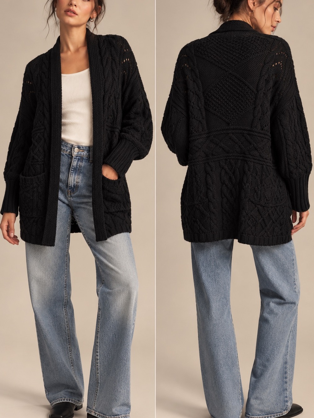 Anthropologie Cable Knit Cardigan Oversized Longline Chunky Wool Black Size Xs
